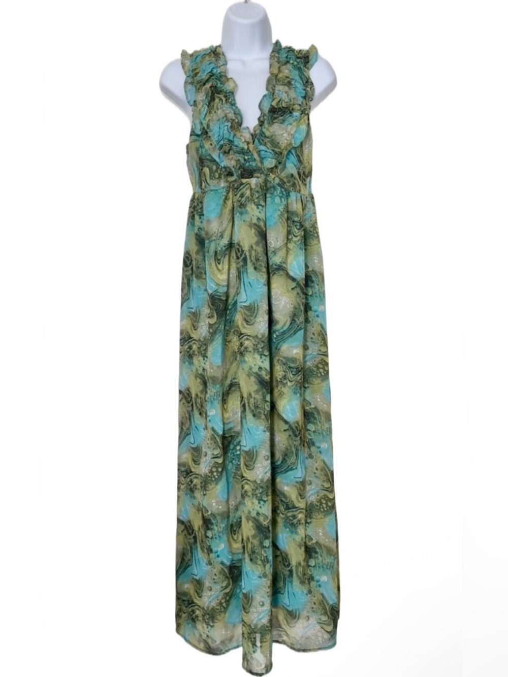 DIMRI Green & Teal Ruffled Strap Cinched Waist V Neck Flowy MaxiDress Size S